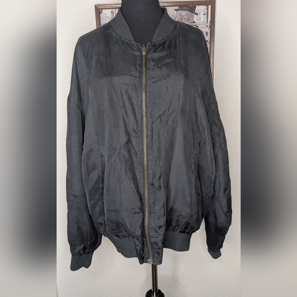 VTG Black Montage Pour Homme Jacket Mens Sz L 100% Silk Full Zip Long Sleeve